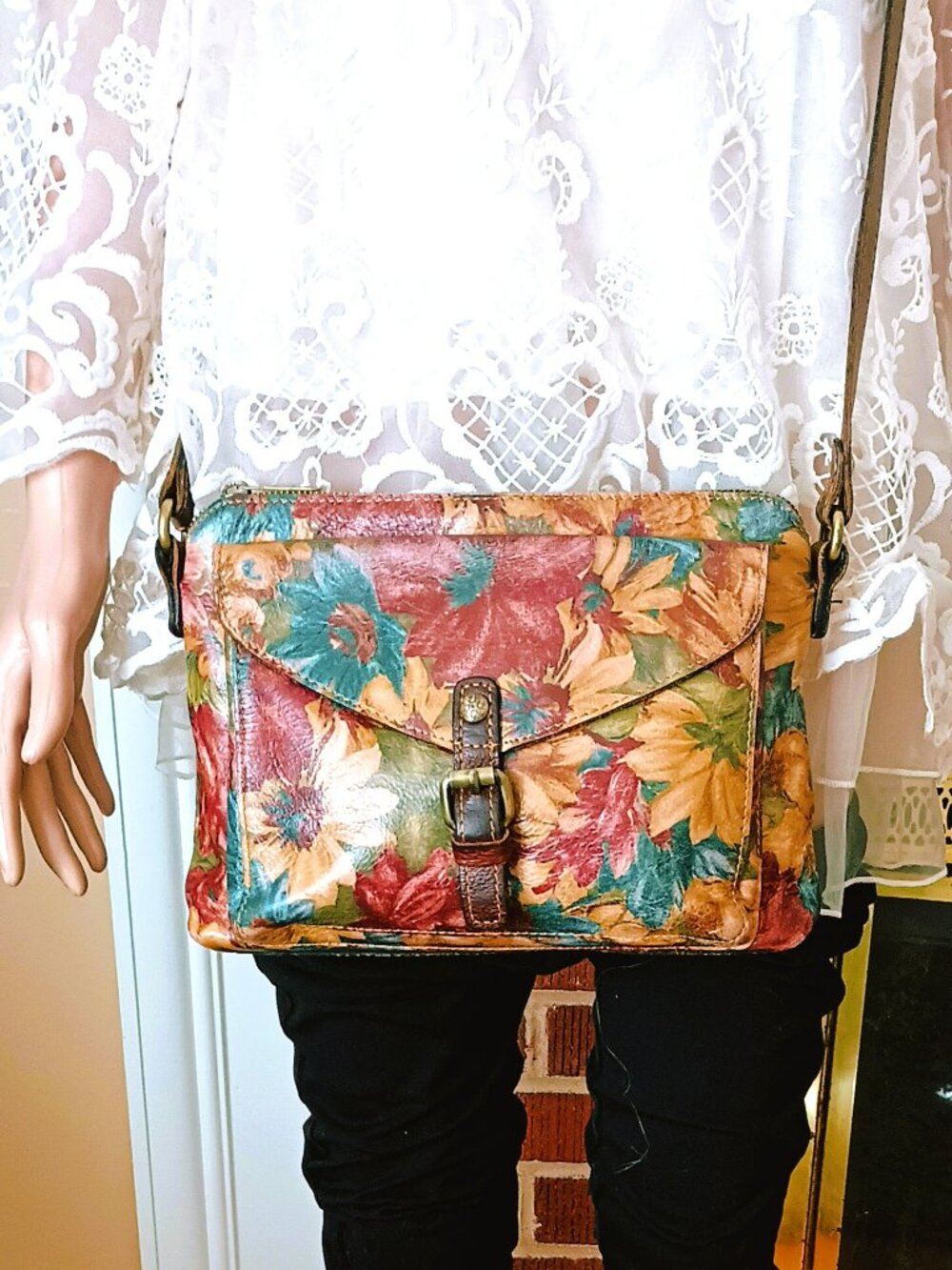 Patricia Nash Multi Color Floral Sunflower Leather Crossbody Bag Top Zip - Picture 3 of 16